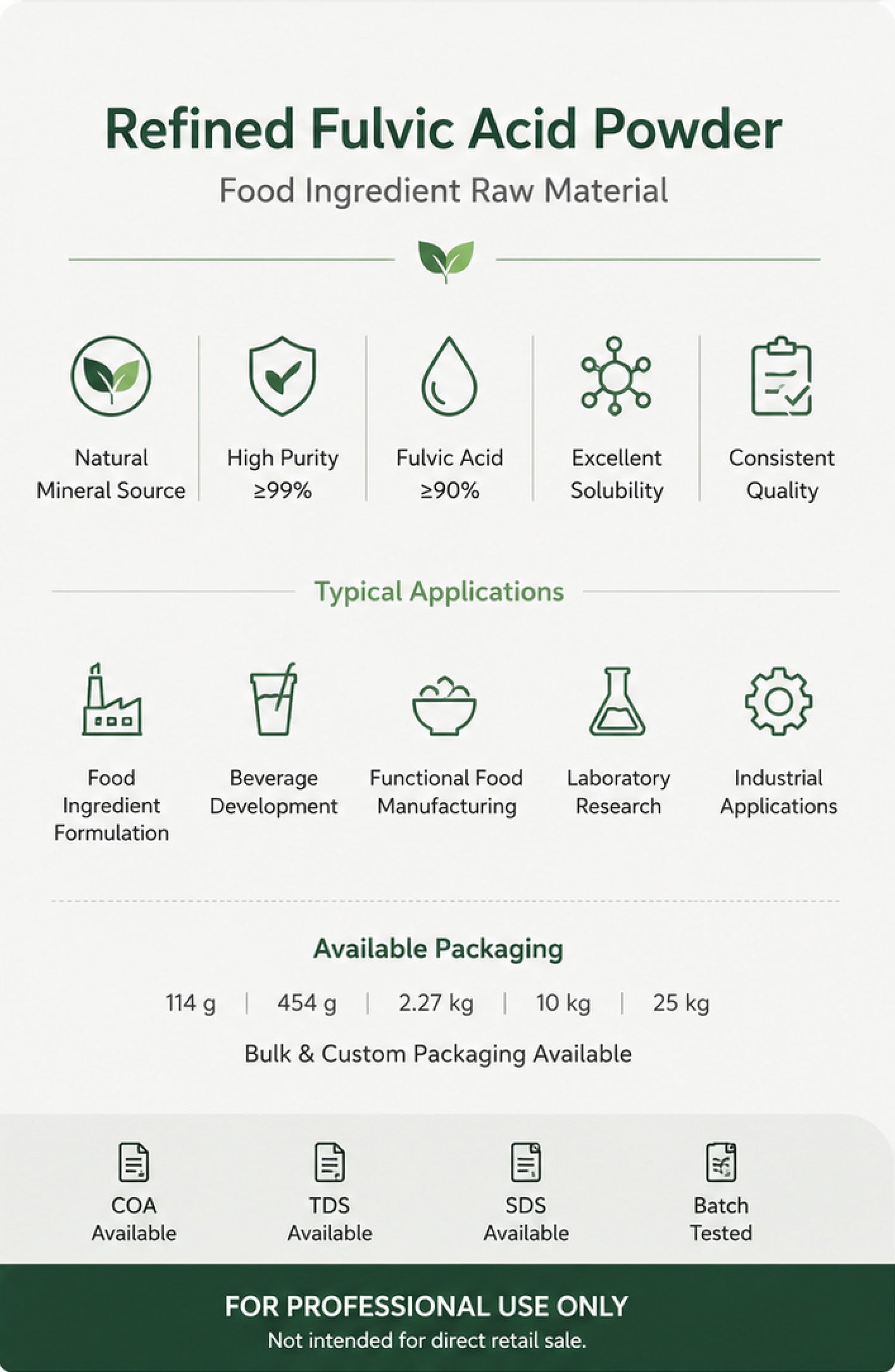 Refined Fulvic Acid Powder | Food Ingredient Raw Material | 99% Purity